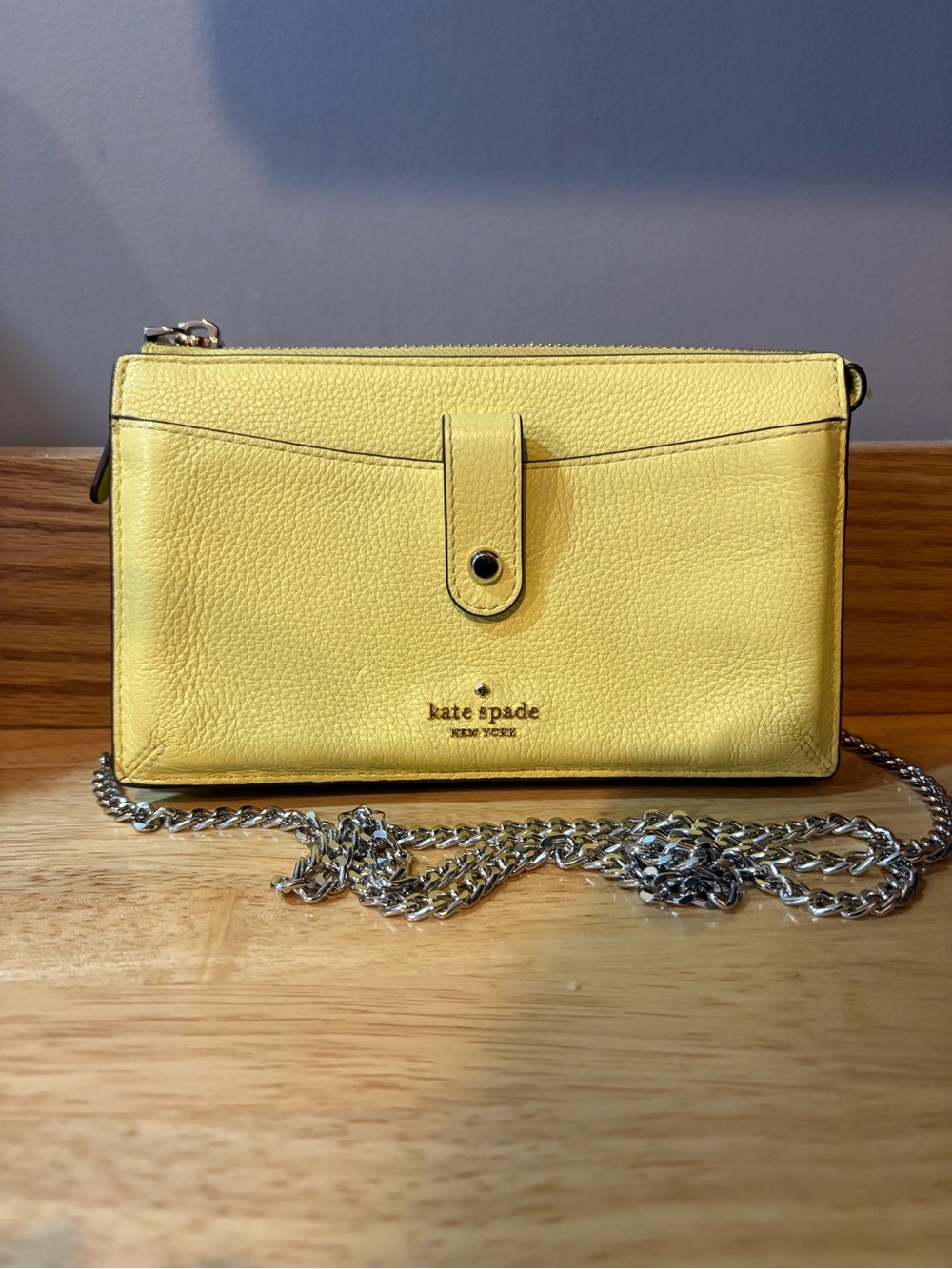 kate spade Yellow pebbled Leather Crossbody Wallet with Silver Chain